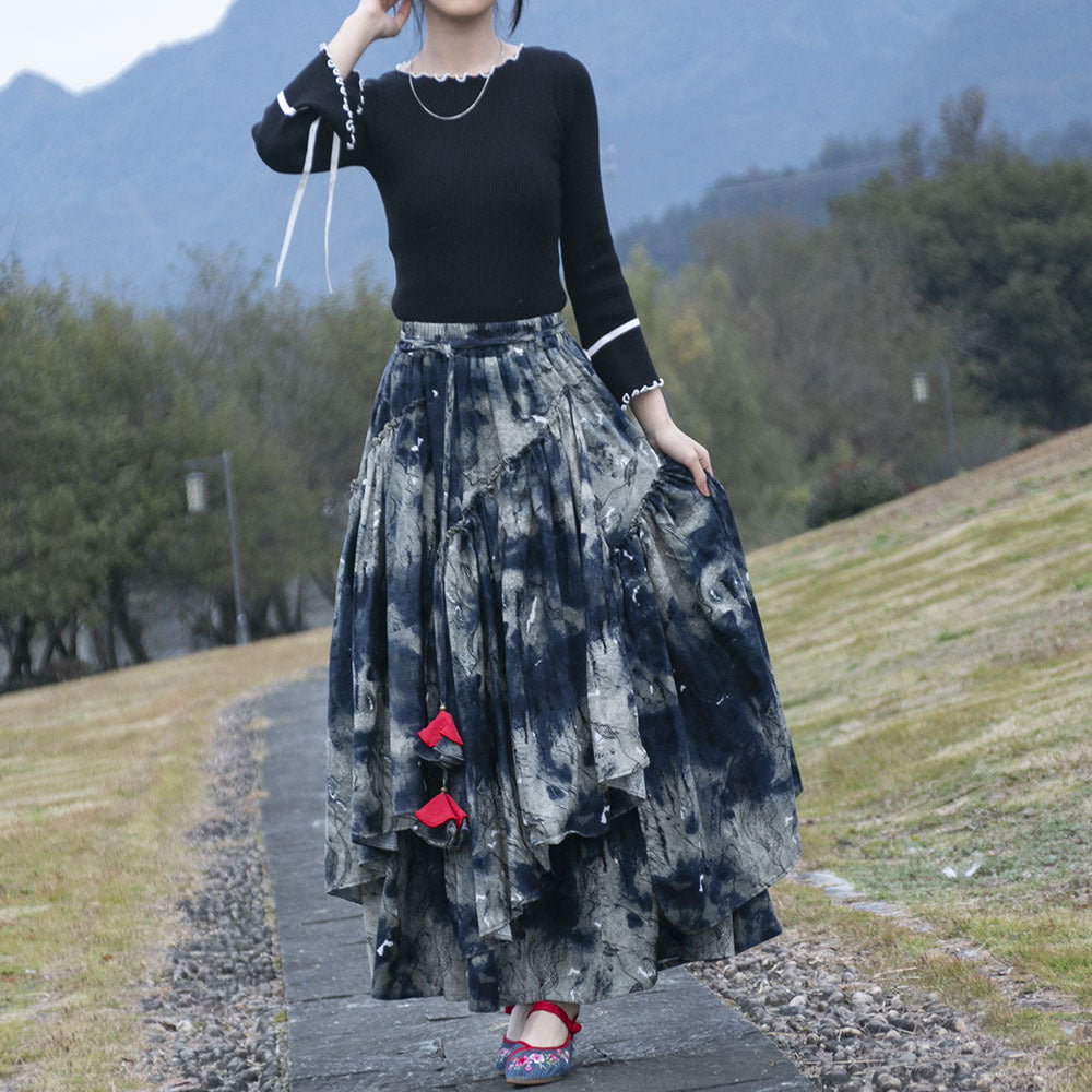 Falda estampada de algodón y lino de mujer de estilo étnico