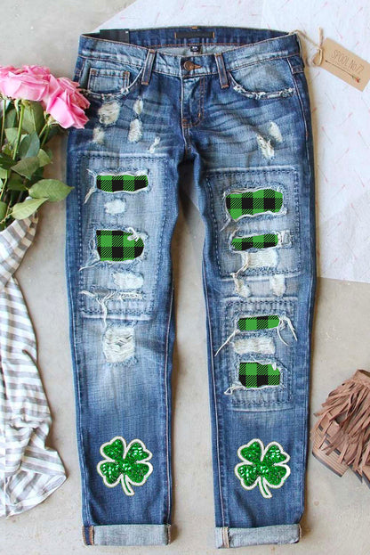 Jeans effet vieilli bleu ciel à paillettes, patch trèfle graphique à carreaux, vente en gros