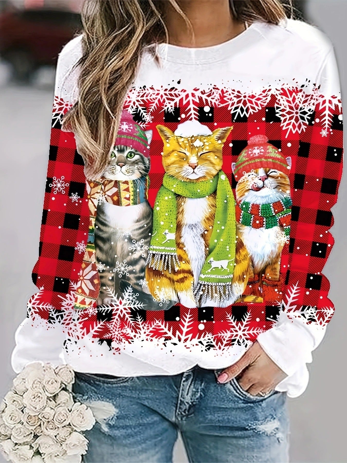 European And American Christmas Cat Printing Crew Neck Pullover Sweatshirt