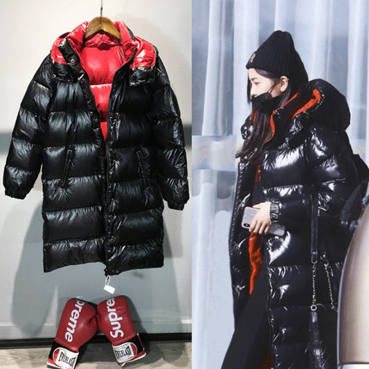 Shiny contrast color hooded straight padded down jacket