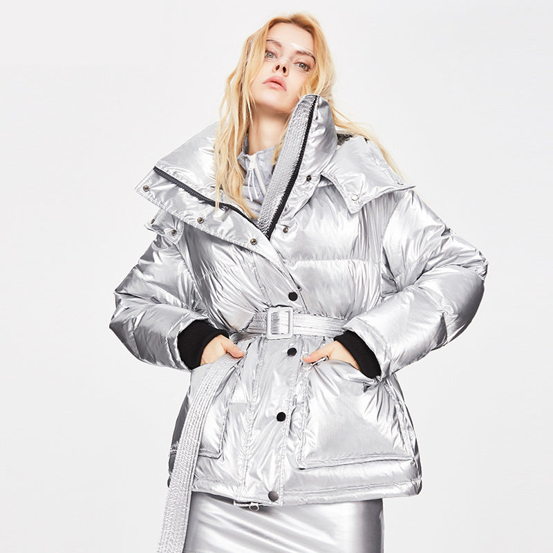 Veste d'hiver épaisse mi-longue taille duvet de canard blanc vestes ceinture mince argent brillant Parka femmes manteau