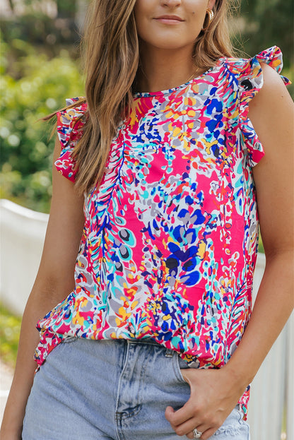 Blue Floral Print Tank Top with Ruffles