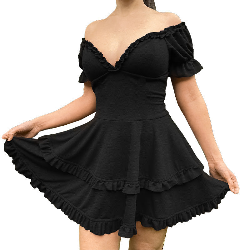 Women's V-neck Lace Trim Waist Dress