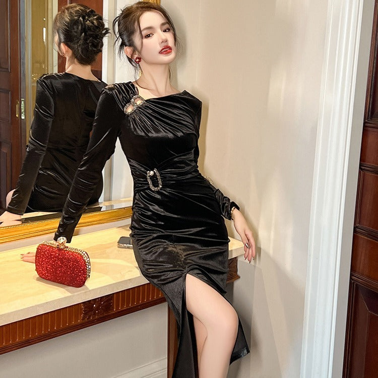 Women's Hollow Split Velvet Dress