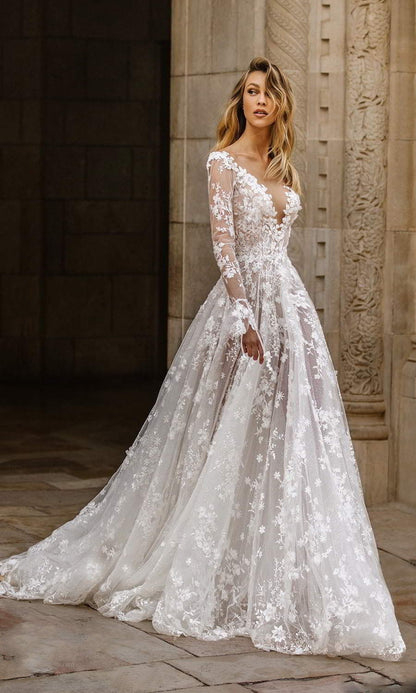 Robe de mariée sexy en dentelle à manches longues Robe de soirée 