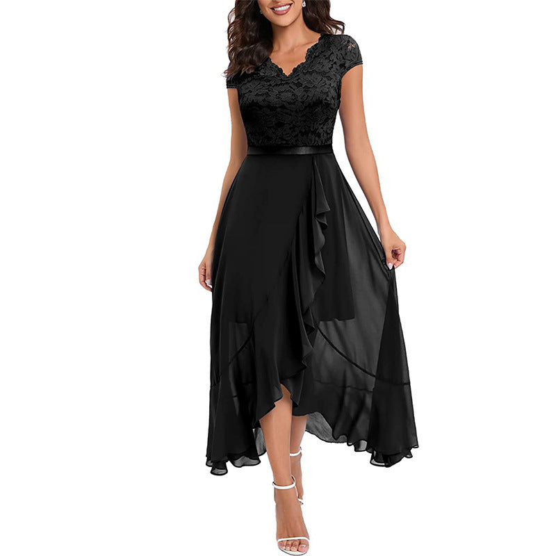 Robe col en V sans manches en dentelle et maille grande taille