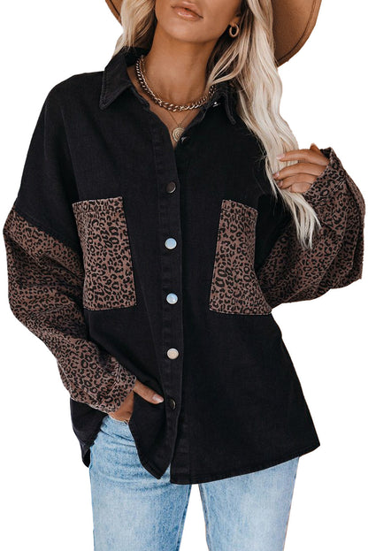 Black Contrast Leopard Denim Jacket