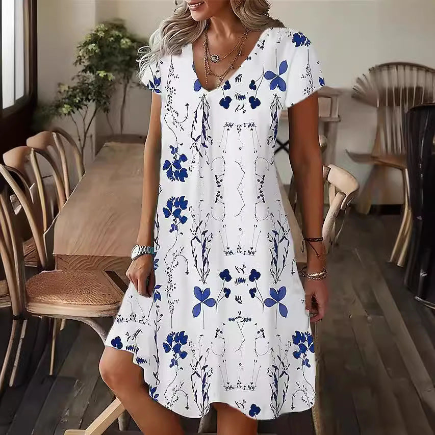 Floral 3D Printed V-neck Short Sleeve Dress