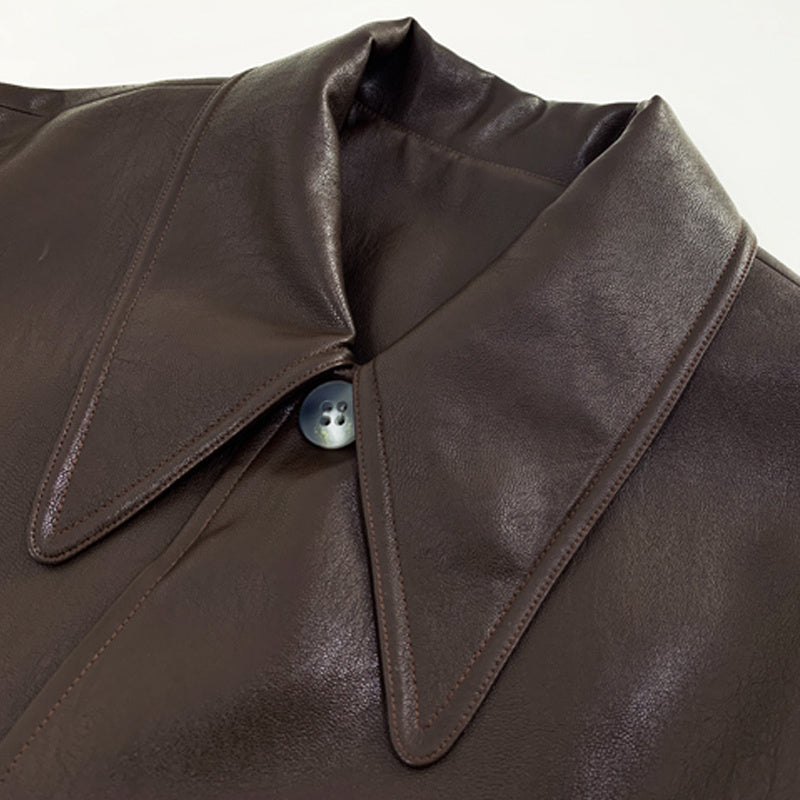 Chaqueta De Cuero Corta Con Cuello Puntiagudo Retro De Moda