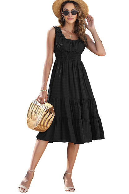 Black U-Neck Sleeveless Ruched Tiered Ruffled Midi Dress