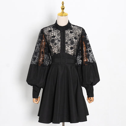 Fashion Temperament Stand Collar Lantern Sleeve Design Sexy Lace Perspective Short Dress