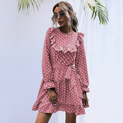 Autumn And Winter Dress Long-sleeved Polka Dot Ruffled Lace-up Skirt