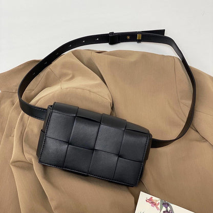 Sac à rabat en cuir tissé pour femmes, petite boîte à ceinture, sac à bandoulière, sac de poitrine en cuir véritable, sac de taille pour téléphone