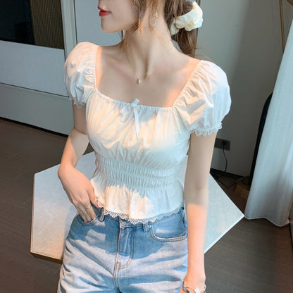 French White Lace Square Neck Short-sleeved Bubble Shirt Short-sleeved Chiffon Shirt