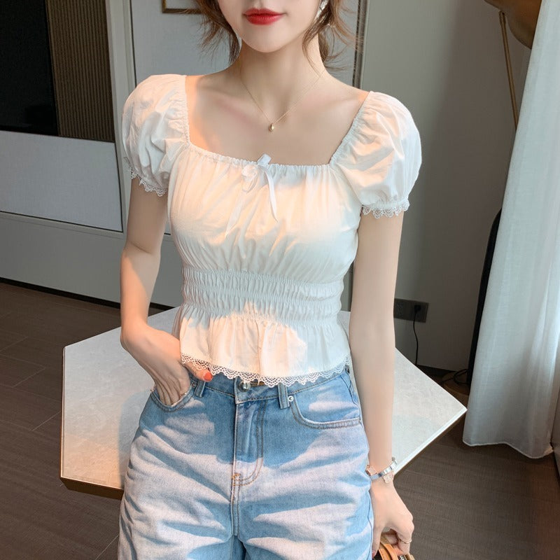 French White Lace Square Neck Short-sleeved Bubble Shirt Short-sleeved Chiffon Shirt