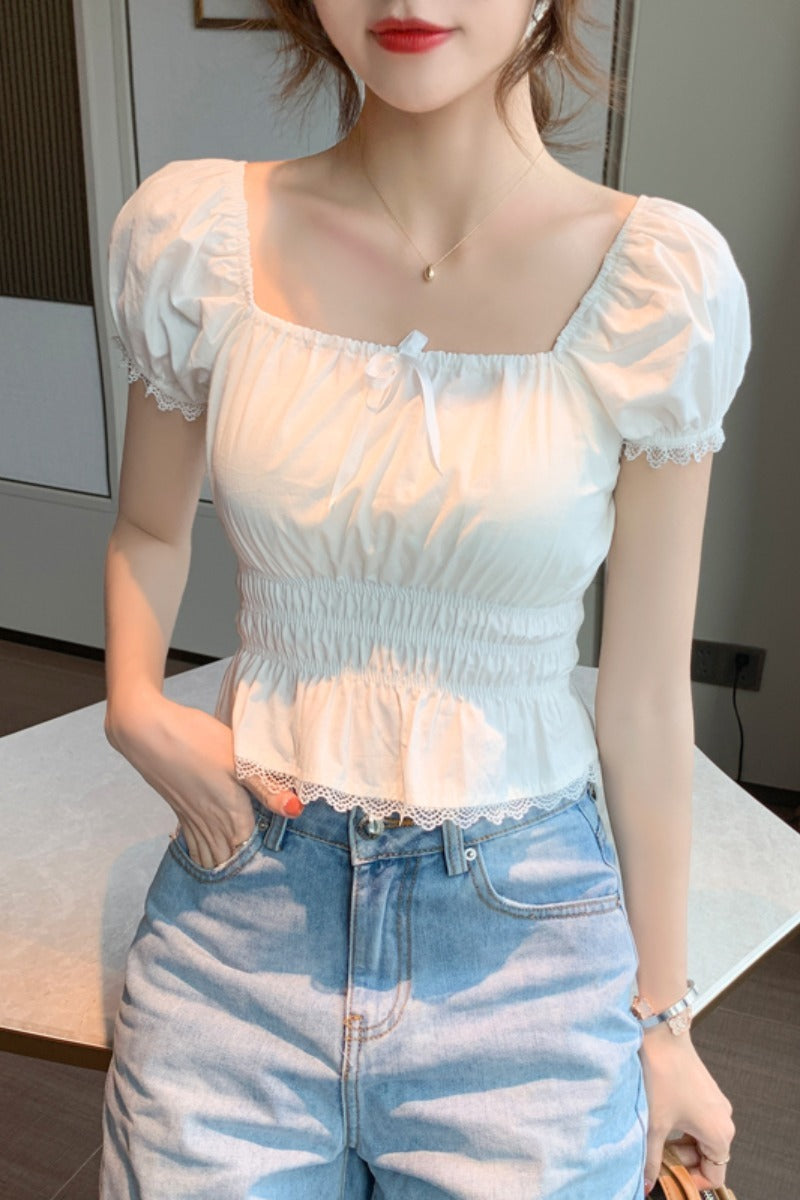 French White Lace Square Neck Short-sleeved Bubble Shirt Short-sleeved Chiffon Shirt