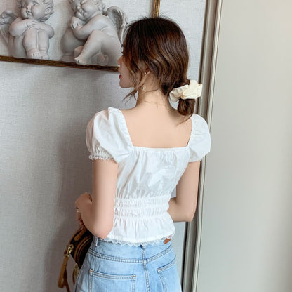 French White Lace Square Neck Short-sleeved Bubble Shirt Short-sleeved Chiffon Shirt