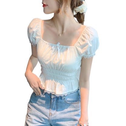 French White Lace Square Neck Short-sleeved Bubble Shirt Short-sleeved Chiffon Shirt