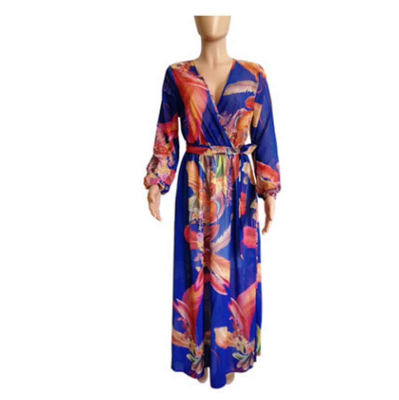 Robe à jupe trapèze à manches longues en mousseline de soie Amazon printemps et automne, impression numérique, style européen et américain