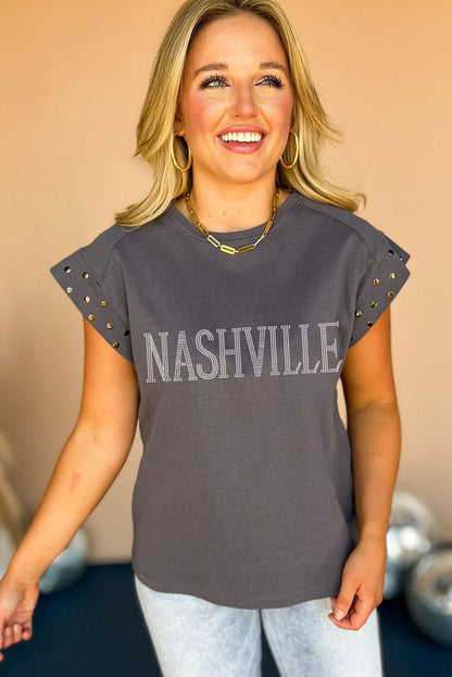 Dark Grey NASHVILLE Letter Graphic Studded Sleeve T Shirt