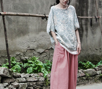 Stylish And Personalized Design Cotton And Linen Loose Big Leg Trousers Retro Elastic Waist