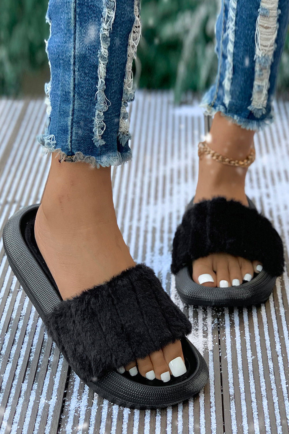 Black Comfy Plush Band Open Toe Flat Slippers