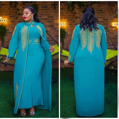 African Elegant Dress 2-piece Set Front And Rear Rhinestone Stand Collar Long Sleeve Dress