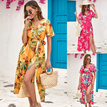 Robe midi fendue à imprimé floral d'été