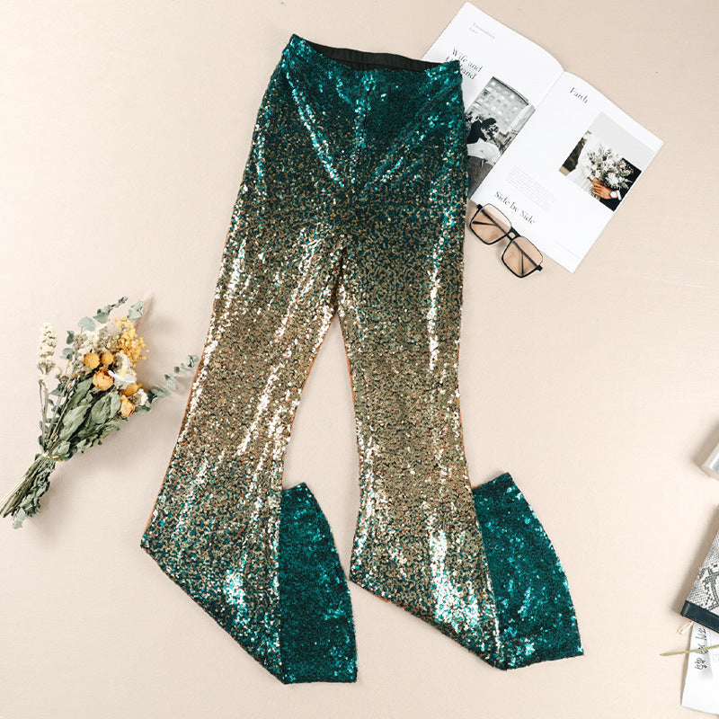 Gradient Color Wide Leg European And American High Waist Slim-fit Sequined Flared Pants