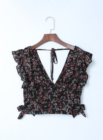 Conjunto de falda larga y top corto con volantes florales multicolor negro