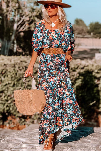 Robe longue dos nu nouée à imprimé floral bohème bleu ciel