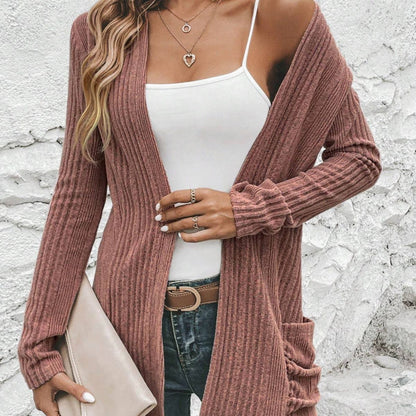 Autumn And Winter New Long Sleeve Solid Color Mid-length Knitted Cardigan Pocket Coat Sweater Women