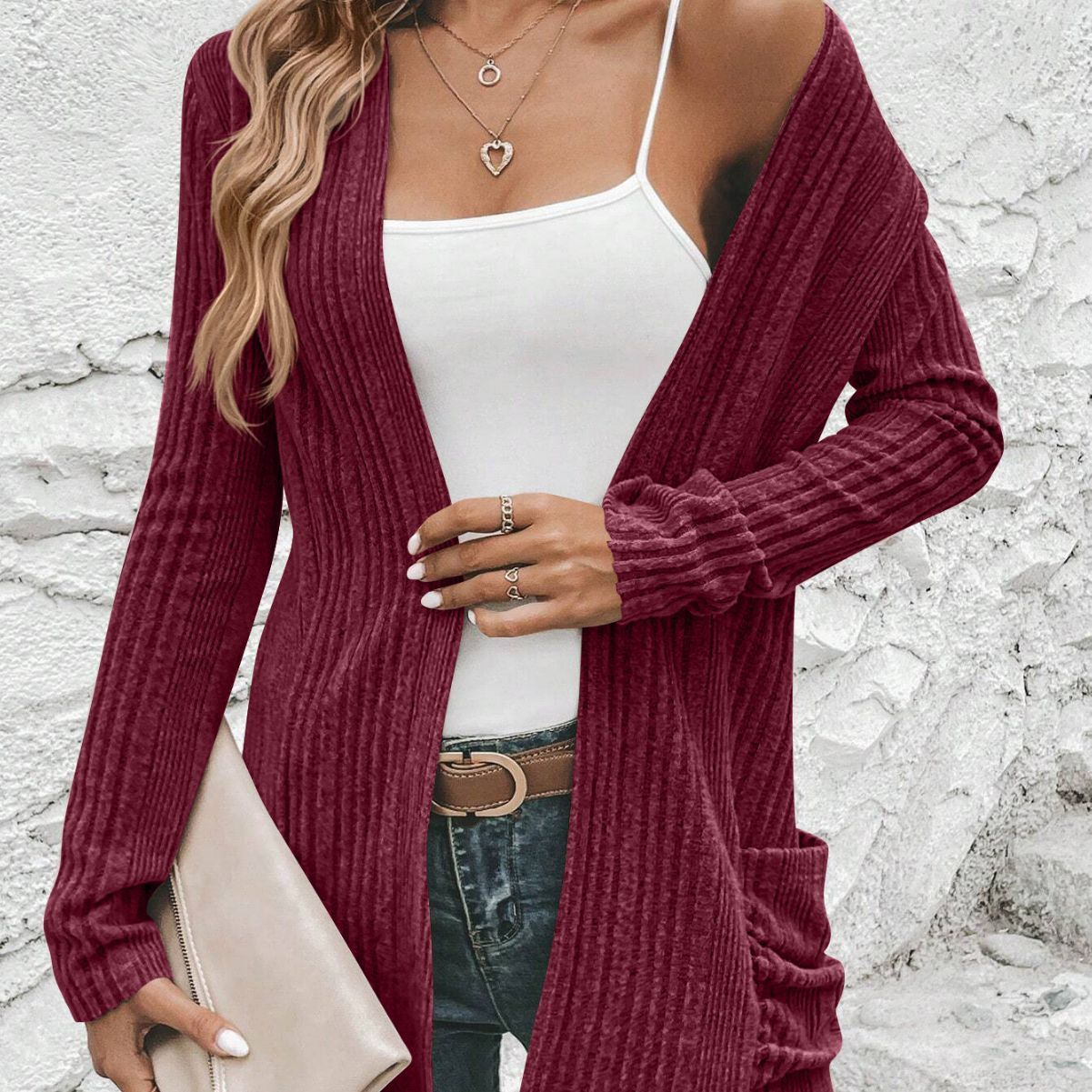 Autumn And Winter New Long Sleeve Solid Color Mid-length Knitted Cardigan Pocket Coat Sweater Women