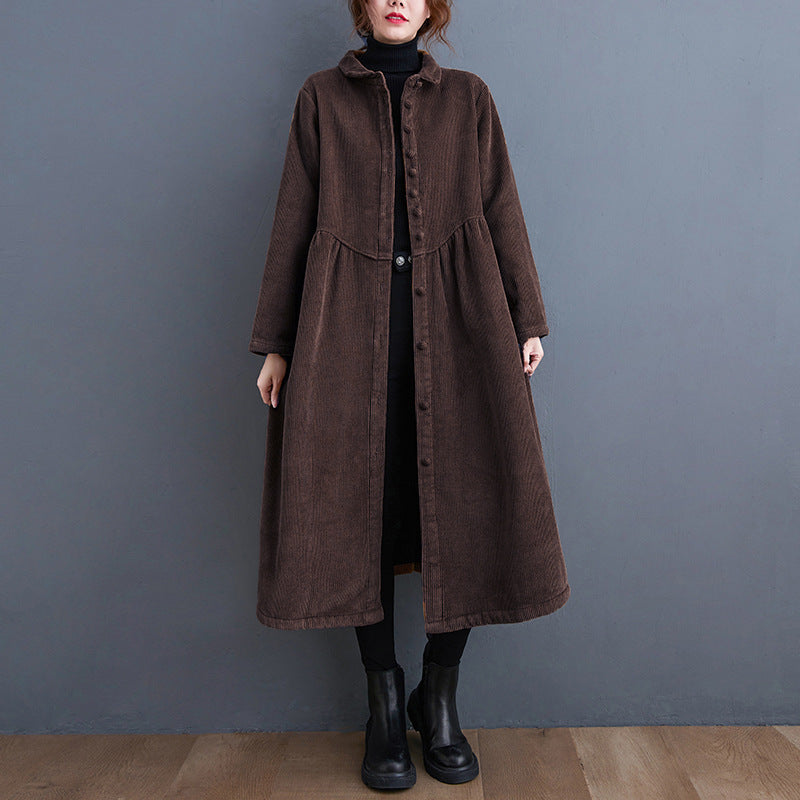 Autumn And Winter Fleece-lined Long Sleeve Retro Artistic Loose Corduroy Casual Coat For Women