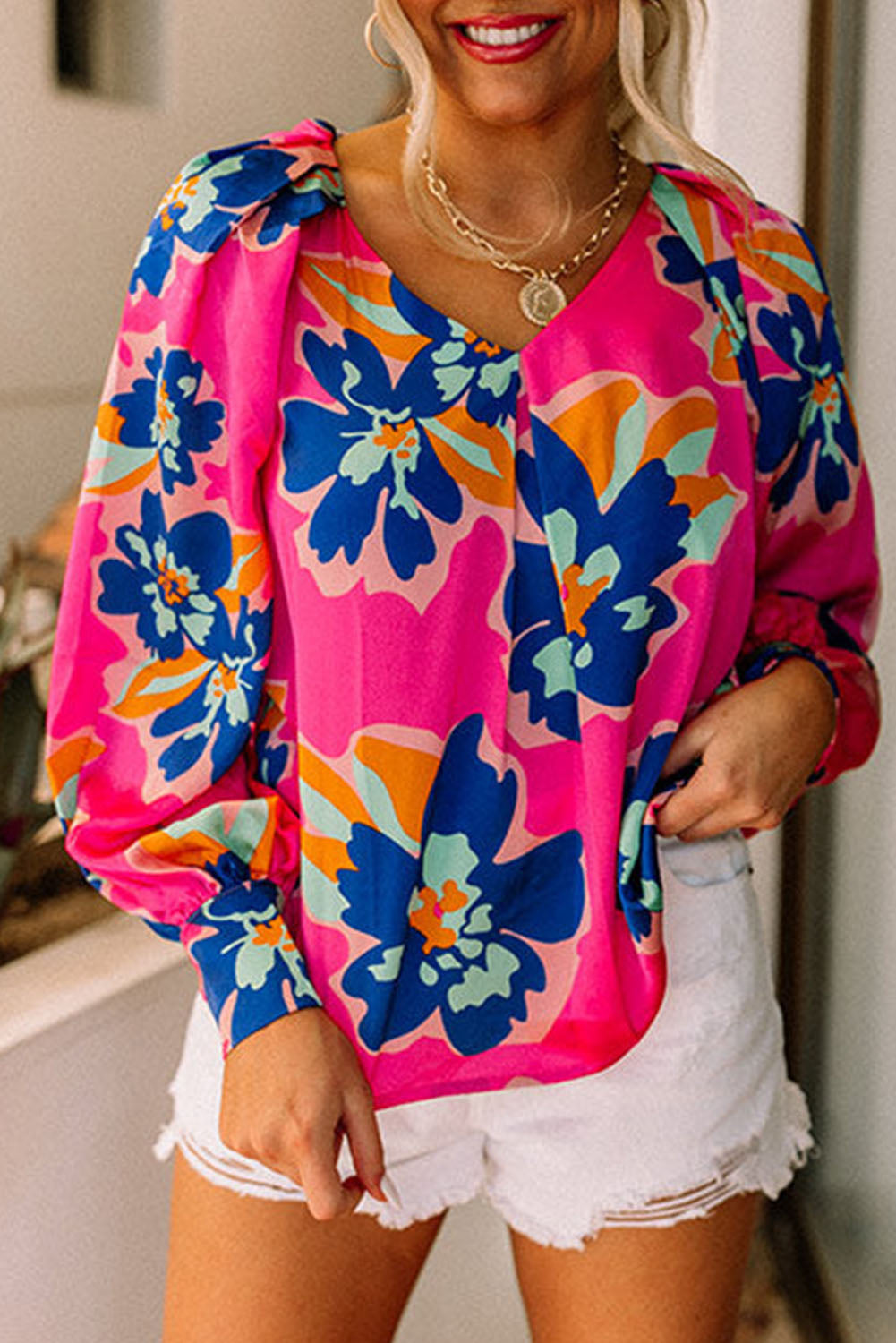 Black Flower Print Puff Sleeve Blouse