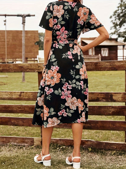 Robe à manches courtes avec surplis floral noué