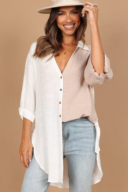 White V Neck Collared Curved Hem Contrast Colorblock Shirt