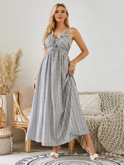 Vestido largo bohemio con cuello halter: vestido playero holgado sin mangas a rayas de verano para mujer