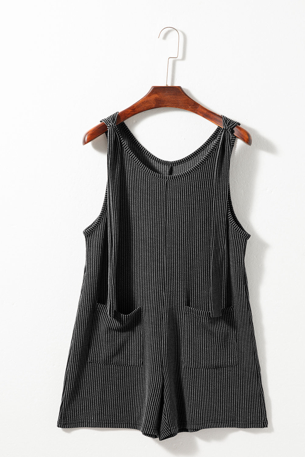 Dark Grey Ribbed Striped Knotted Straps Pocketed Romper