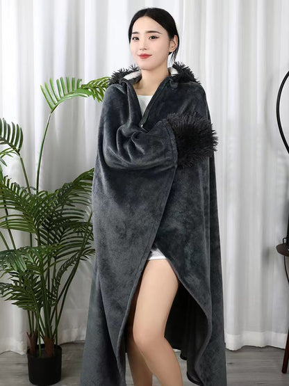 Double Layer Fleece-lined Office Nap Air Conditioning Blanket Hooded Flannel Shawl Cape