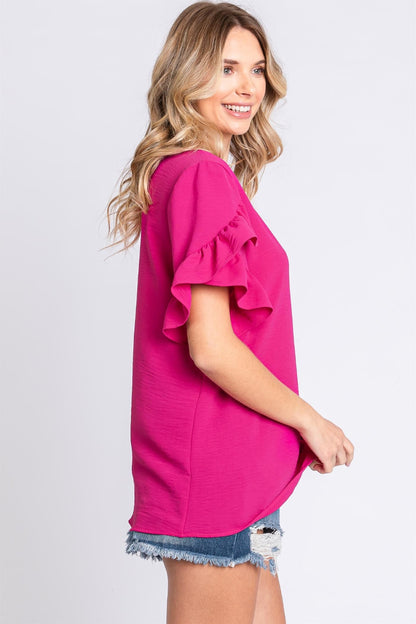 Blusa de manga corta con ribete de volantes y cuello en V GeeGee