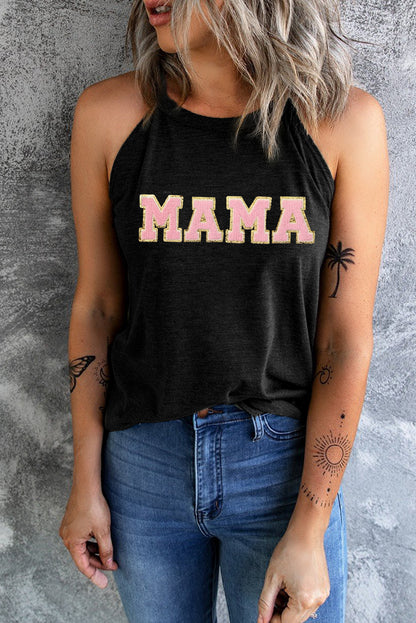 Camiseta sin mangas con cuello redondo y parches de chenilla con gráfico MAMA negro