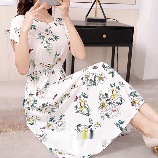 Floral Short Sleeve Dress Elastic And Waisted Slimming