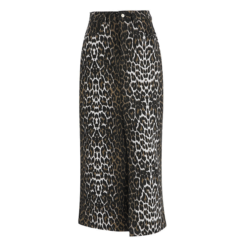 Commute Style Cotton Leopard Print Straight Ankle Skirt European And American Spring Fashion Long Skirt