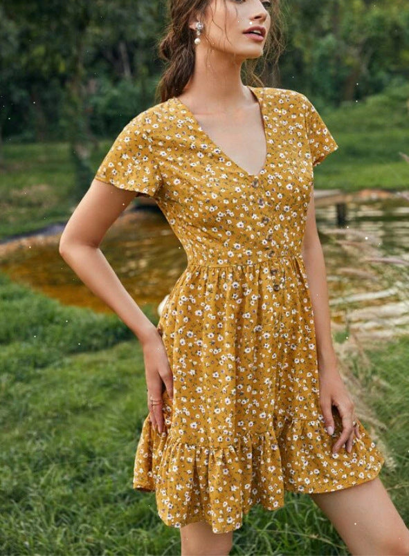 Robe d'été à imprimé slim et col en V avec manches en feuille de lotus