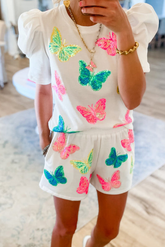 Ensemble haut et short à manches bouffantes et motif papillon à sequins colorés blancs