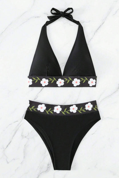 Traje de baño bikini halter con banda floral negro