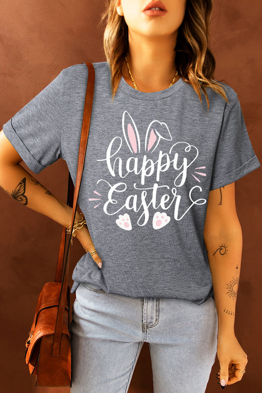 Gray Happy Easter Rabbit Graphic Rolled Up Sleeve Tee