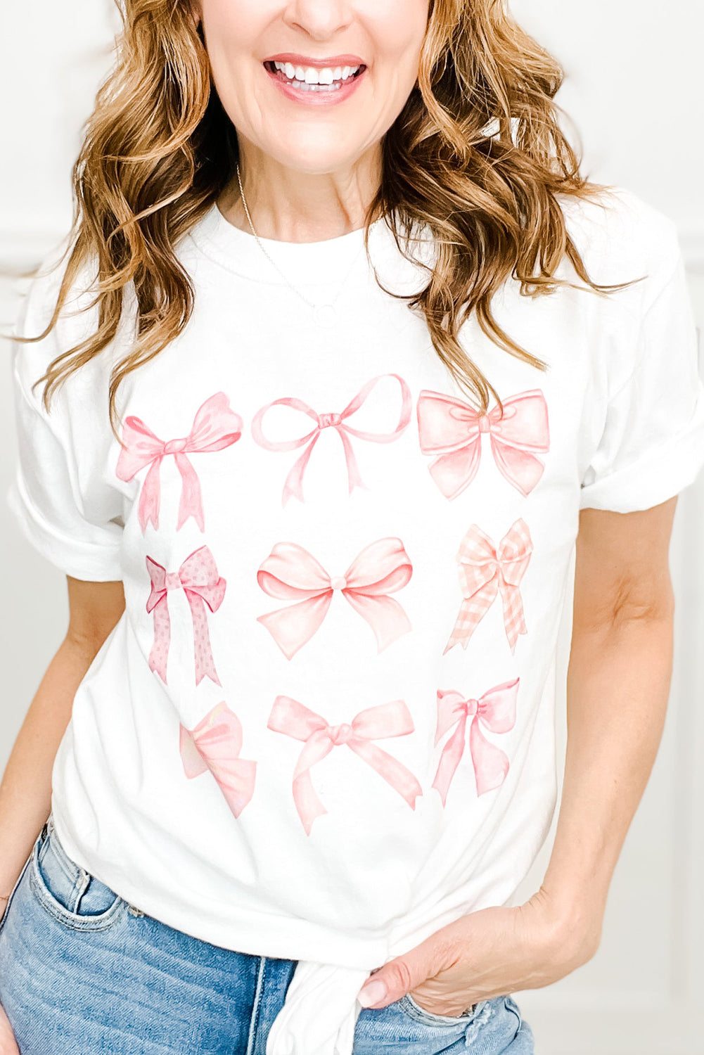 White Girly Bowknot Print Graphic T Shirt