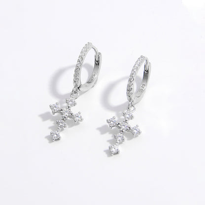 Boucles d'oreilles pendantes en argent sterling 925 avec croix en zircon incrusté